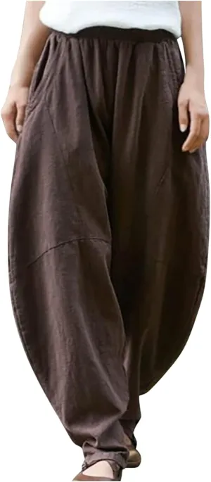 Flowy Womens Linen Pants Drawstring High Waist Pants Casual Wide Leg Slacks Summer Trendy Long Trouser with Pockets