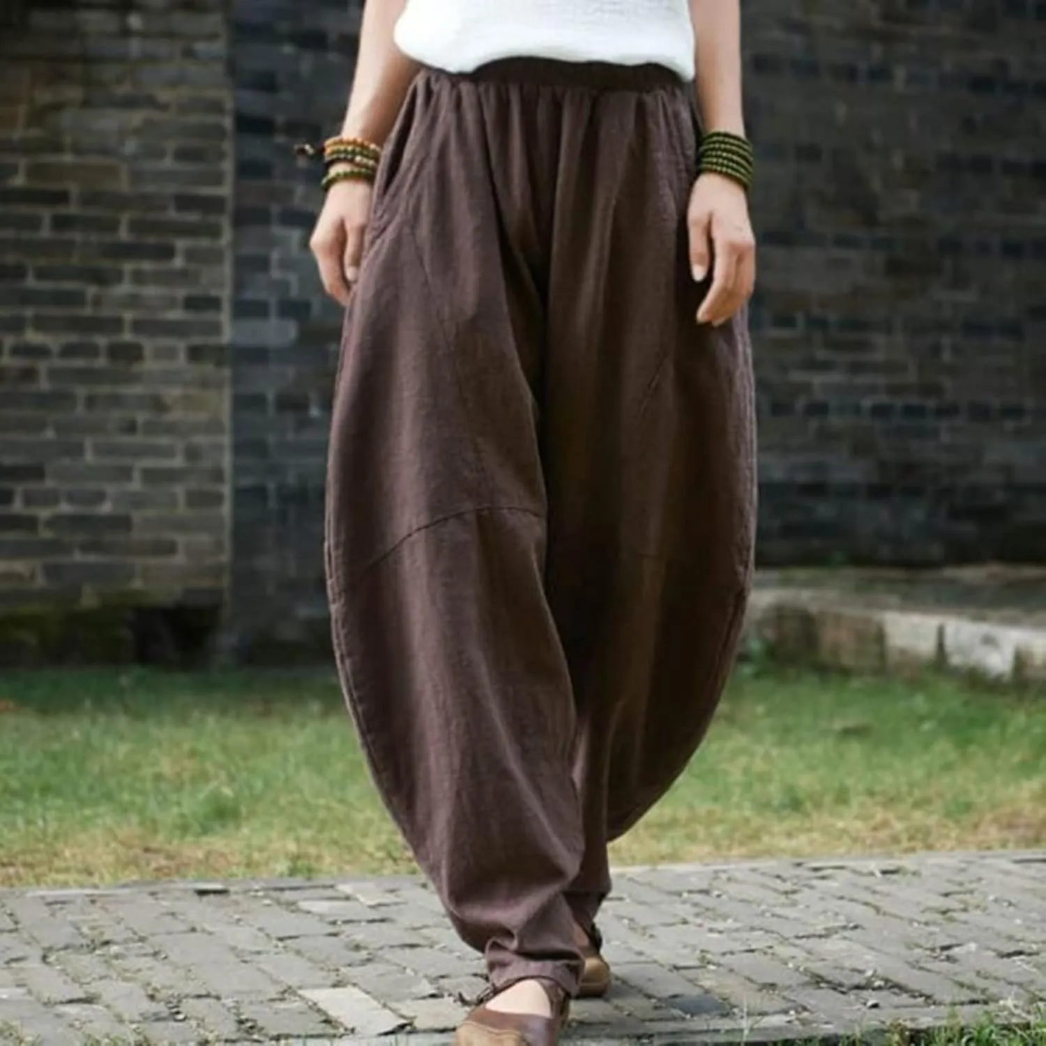 Flowy Womens Linen Pants Drawstring High Waist Pants Casual Wide Leg Slacks Summer Trendy Long Trouser with Pockets