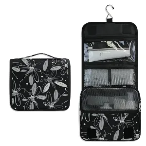 Flying Dragonflies with wings in Black White Vintage Retro Style Travel Cosmetic Bag, Hanging Toiletry Wash bag, Portable Makeup Organizer Brush Case, Storage Bag with Hook for Bathroom Toilet