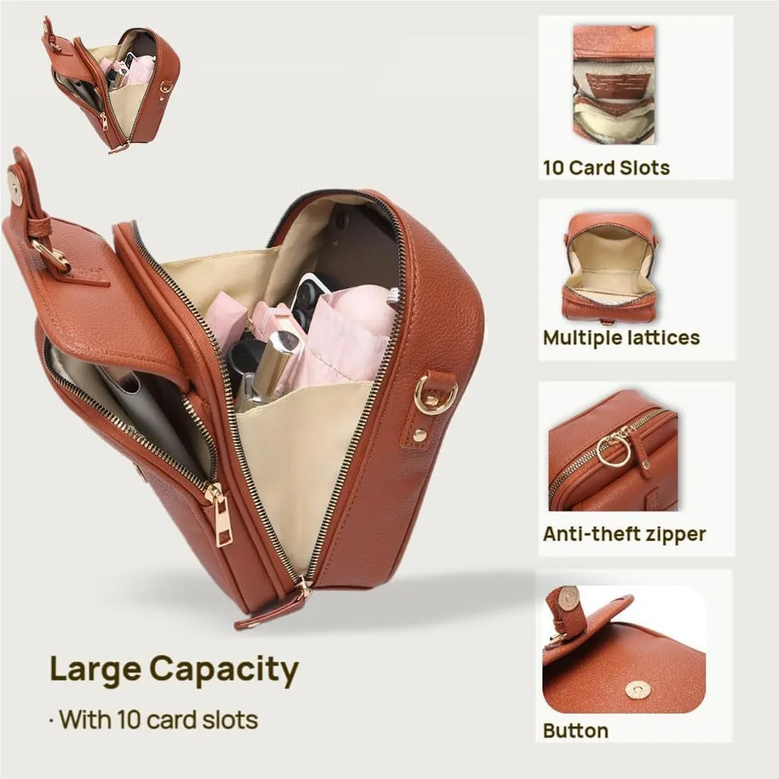 Forcipower Crossbody Bag, 2025 New Leather Crossbody Purse, Urvashi Adjustable Shoulder Strap with Built in Wallet