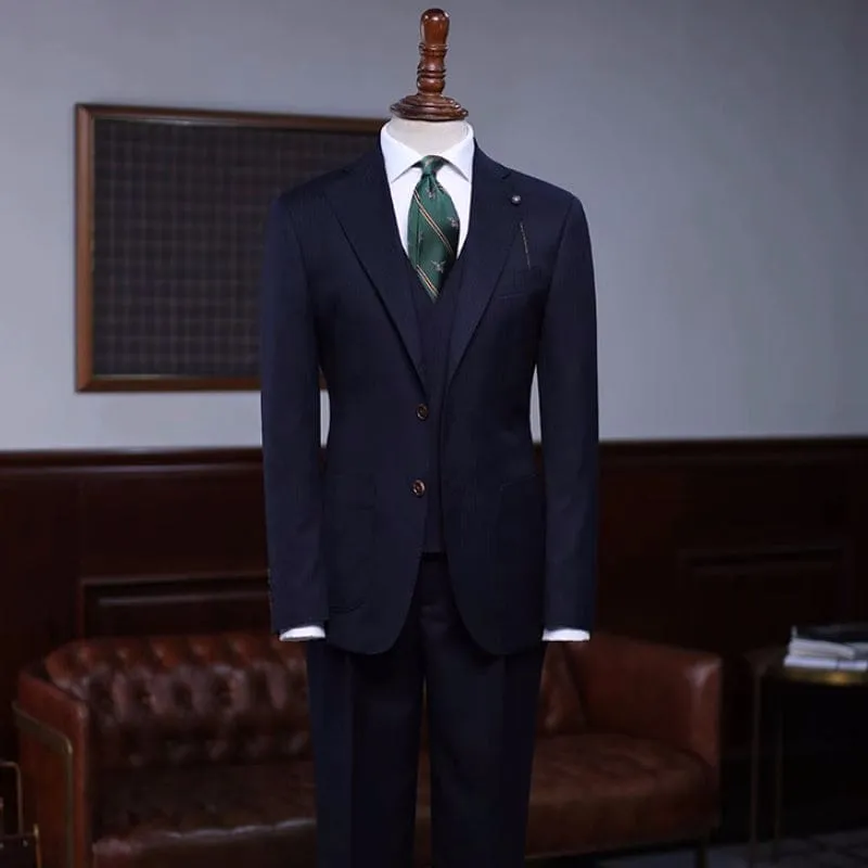 Formal Black Peaked Lapel Business Suits Three Pieces Slim Fit Wedding Suits