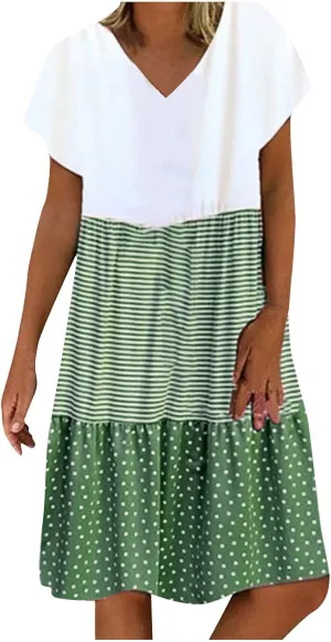 FZYLQY Summer Dresses for Womens 2024 Plus Size Beach Flowy Dresses V Neck Short Sleeve Color Block Patchwork Casual Dress