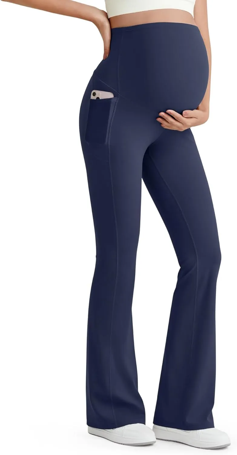 G4Free BareFeel Maternity Flare Leggings with Pockets Over The Belly Stretchy Casual Lounge Pregnancy Dress Pants for Work