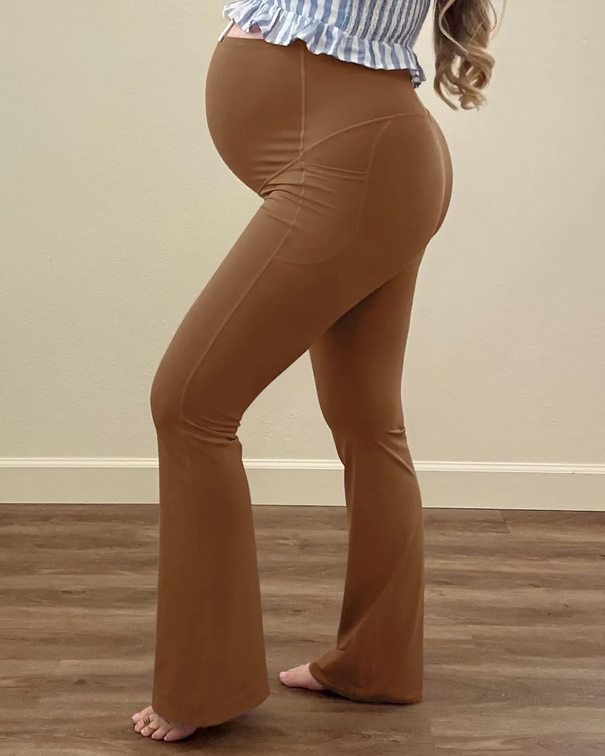 G4Free BareFeel Maternity Flare Leggings with Pockets Over The Belly Stretchy Casual Lounge Pregnancy Dress Pants for Work