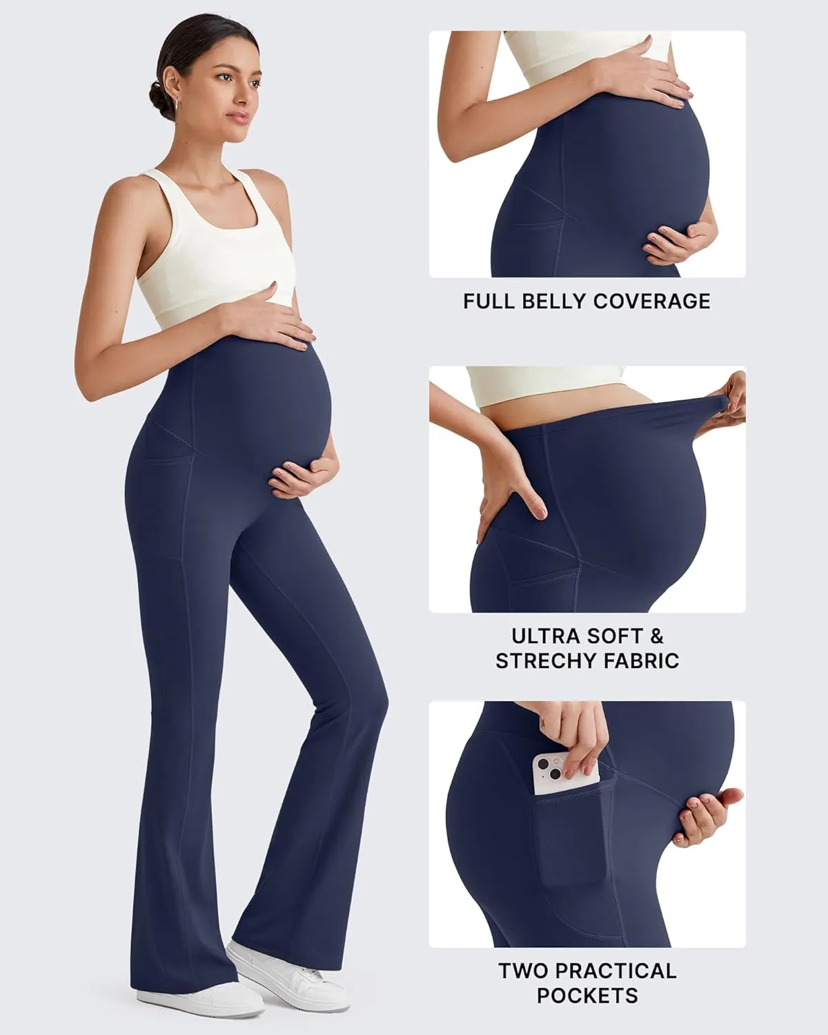 G4Free BareFeel Maternity Flare Leggings with Pockets Over The Belly Stretchy Casual Lounge Pregnancy Dress Pants for Work