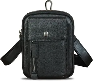 Genuine Leather Belt Bag Pouch for Men and Women Waist Bag Fanny Pack Phone Bag with Strap Small Crossbody Shoulder Bag (Black)