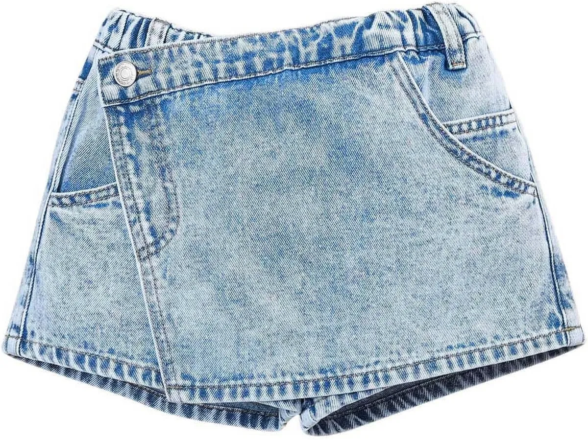 Girl's Solid High Waist Straight Leg Wrap Ripped Denim Shorts Zipper Denim Skort with Pocket Blue 11Y