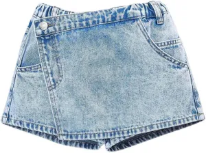 Girl's Solid High Waist Straight Leg Wrap Ripped Denim Shorts Zipper Denim Skort with Pocket Blue 11Y