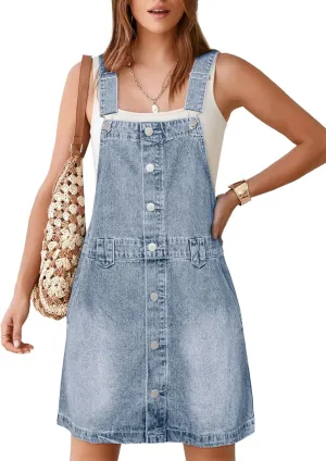 Glamaker Women's Denim Overall Dress Jean Sleeveless 2025 Mini Pinafore Shorts Jumper Button Dress with Pocket