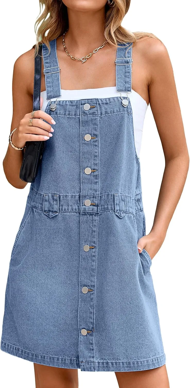 Glamaker Women's Denim Overall Dress Jean Sleeveless 2025 Mini Pinafore Shorts Jumper Button Dress with Pocket