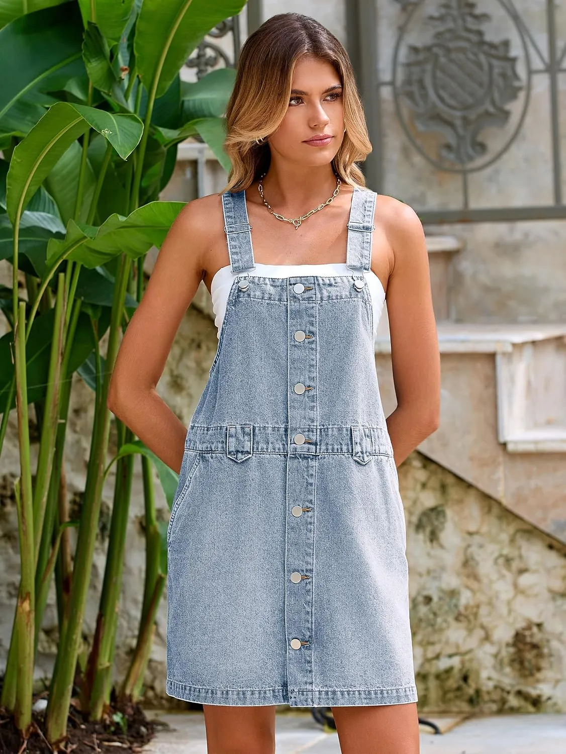 Glamaker Women's Denim Overall Dress Jean Sleeveless 2025 Mini Pinafore Shorts Jumper Button Dress with Pocket