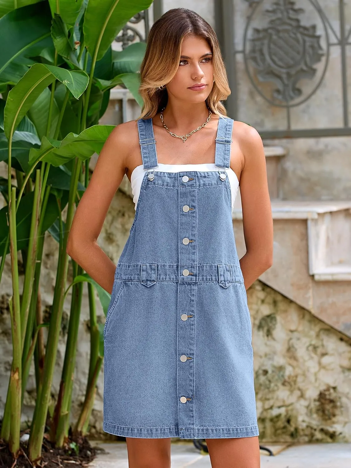 Glamaker Women's Denim Overall Dress Jean Sleeveless 2025 Mini Pinafore Shorts Jumper Button Dress with Pocket