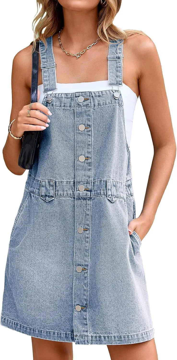 Glamaker Women's Denim Overall Dress Jean Sleeveless 2025 Mini Pinafore Shorts Jumper Button Dress with Pocket