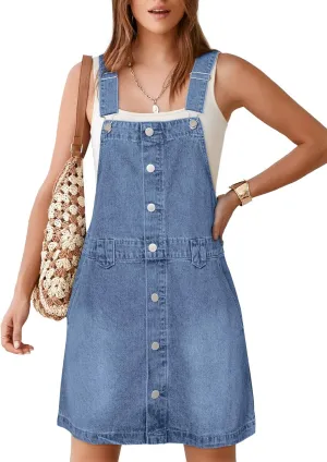Glamaker Women's Denim Overall Dress Jean Sleeveless 2025 Mini Pinafore Shorts Jumper Button Dress with Pocket
