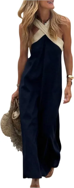 GORGLITTER Women's Sleeveless V Neck Oversized Maxi Long Dress Boho Bump Friendly Color Block Casual Beach Sun Dresses