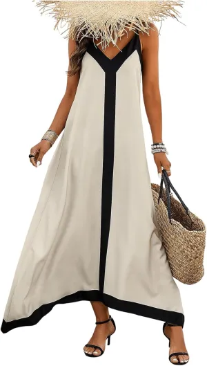 GORGLITTER Women's Sleeveless V Neck Oversized Maxi Long Dress Boho Bump Friendly Color Block Casual Beach Sun Dresses