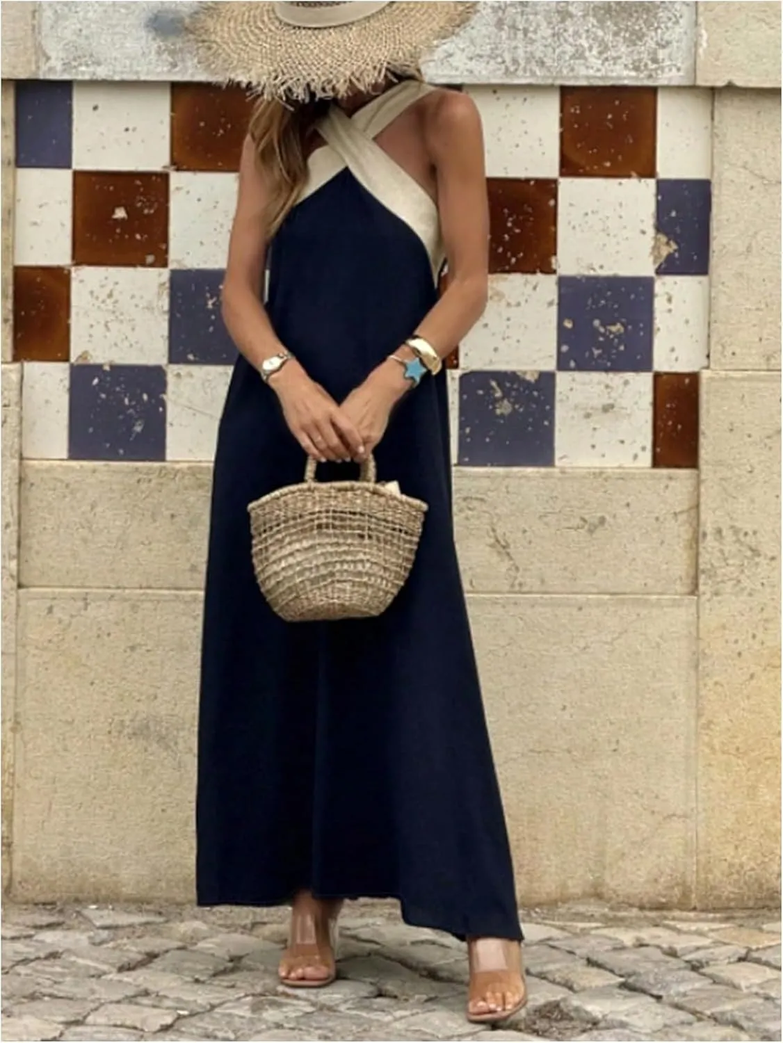 GORGLITTER Women's Sleeveless V Neck Oversized Maxi Long Dress Boho Bump Friendly Color Block Casual Beach Sun Dresses