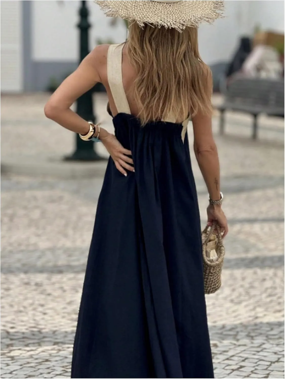 GORGLITTER Women's Sleeveless V Neck Oversized Maxi Long Dress Boho Bump Friendly Color Block Casual Beach Sun Dresses