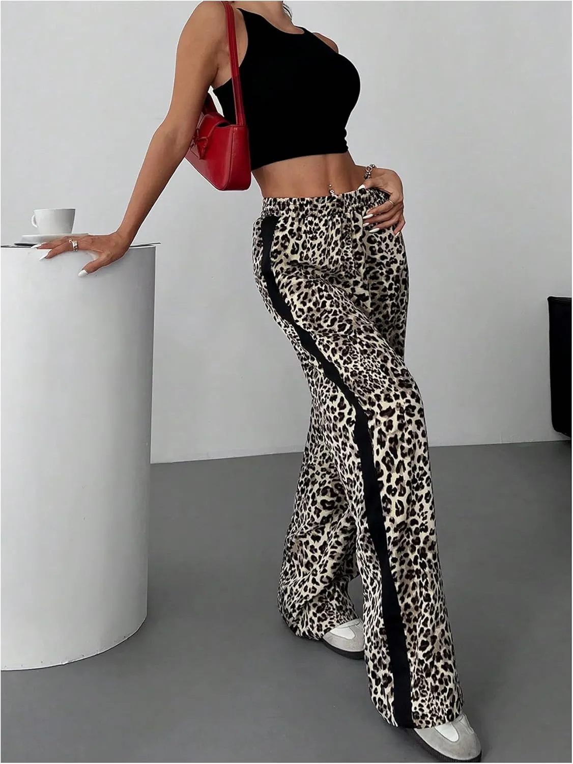 GORGLITTER Women's Y2K Leopard Print Pants Elastic Waist Wide Leg Street Long Trousers with Pockets