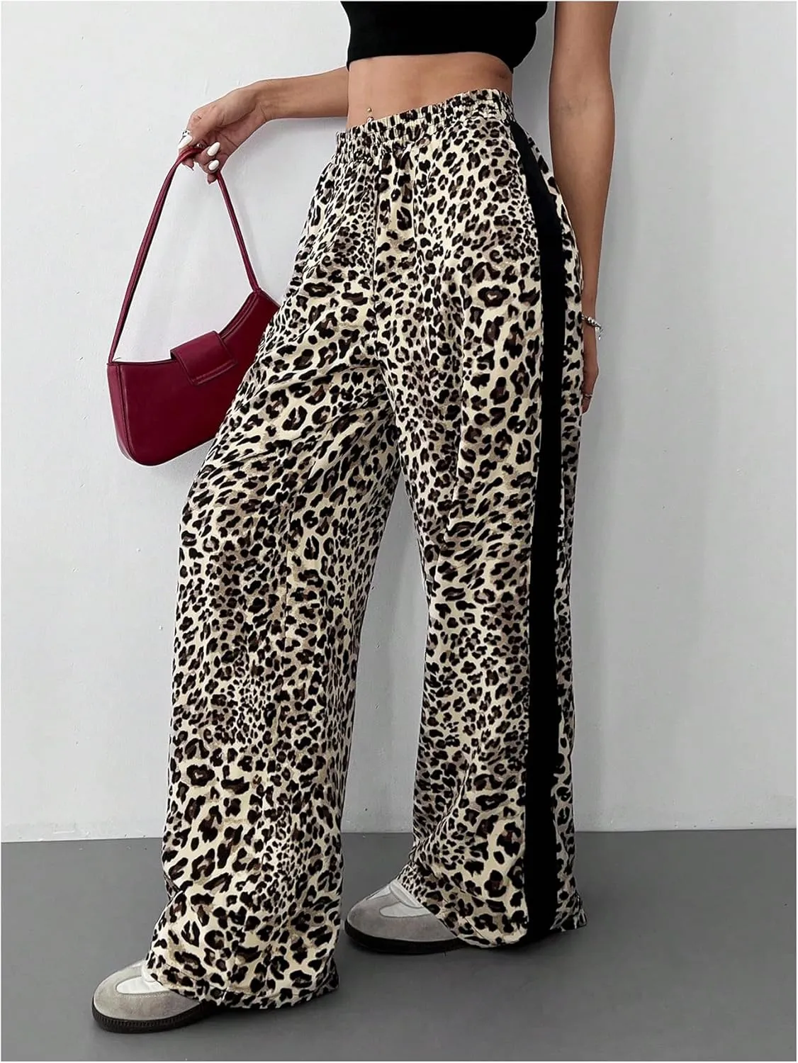 GORGLITTER Women's Y2K Leopard Print Pants Elastic Waist Wide Leg Street Long Trousers with Pockets