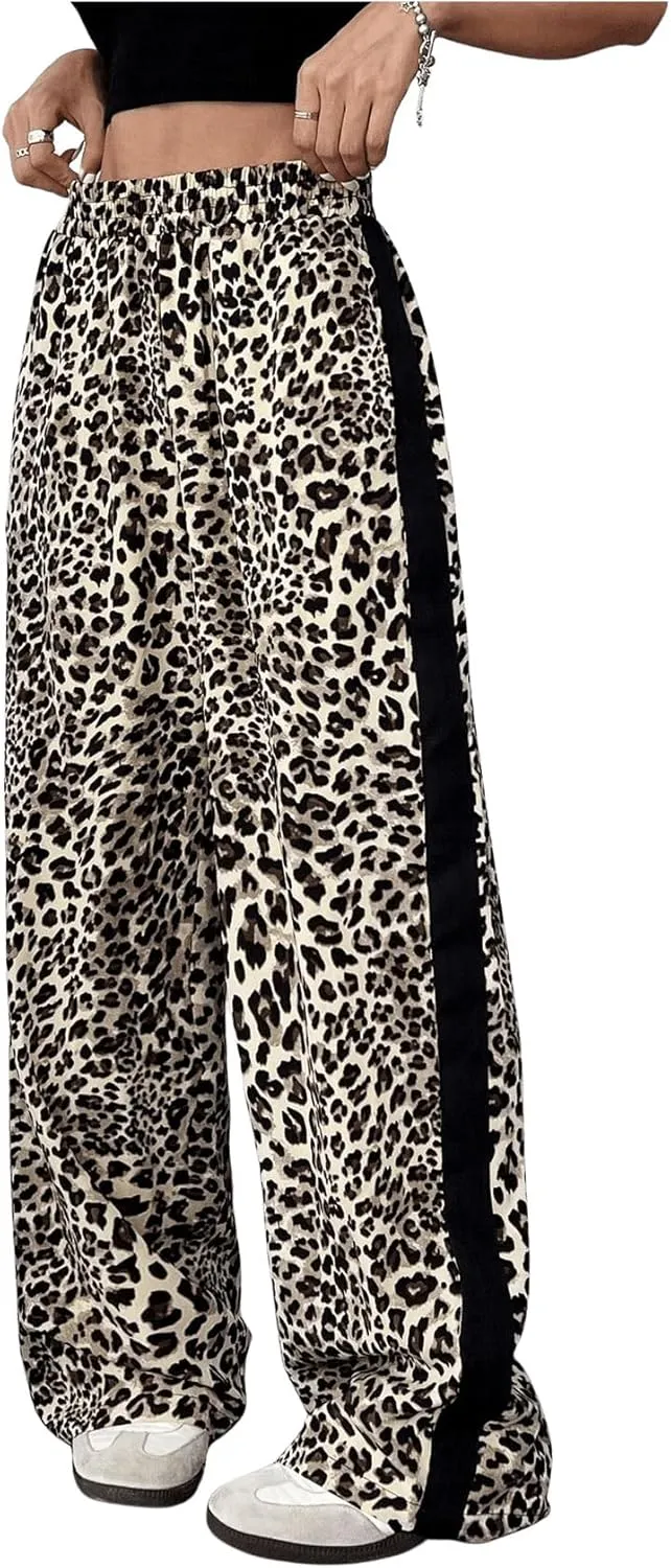 GORGLITTER Women's Y2K Leopard Print Pants Elastic Waist Wide Leg Street Long Trousers with Pockets