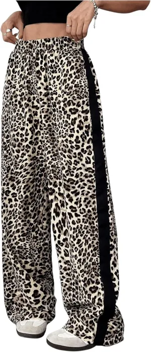 GORGLITTER Women's Y2K Leopard Print Pants Elastic Waist Wide Leg Street Long Trousers with Pockets