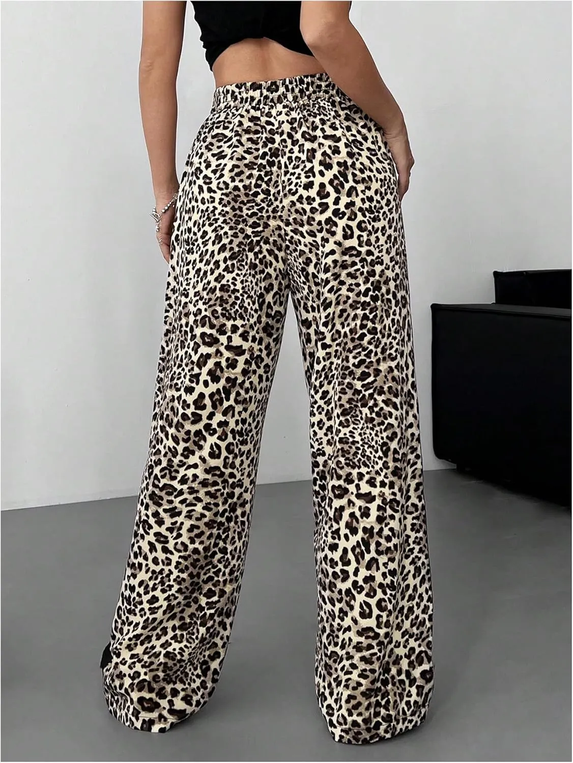 GORGLITTER Women's Y2K Leopard Print Pants Elastic Waist Wide Leg Street Long Trousers with Pockets