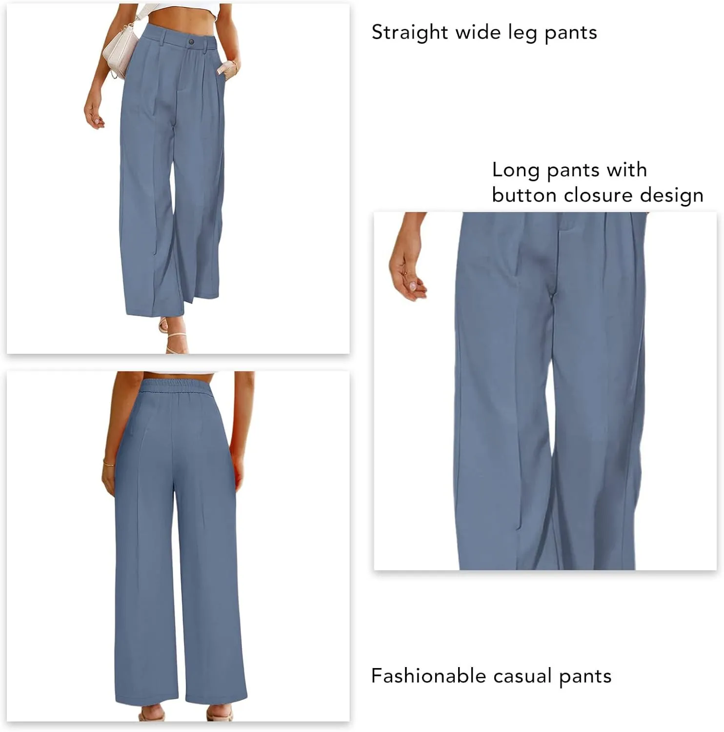 GOTOTOP Women's Casual Wide Leg High Waisted Button Down Straight Long Trousers Pants