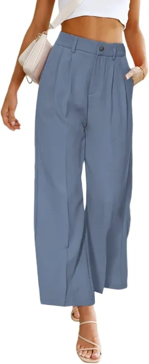 GOTOTOP Women's Casual Wide Leg High Waisted Button Down Straight Long Trousers Pants