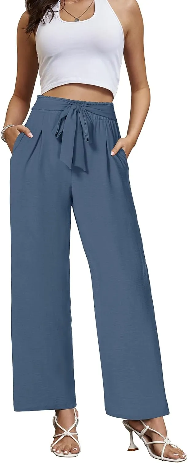 Gracyoga Womens Wide Leg Pants High Waisted Flowy Tie Knot Trousers Business Casual Outfits with Pockets