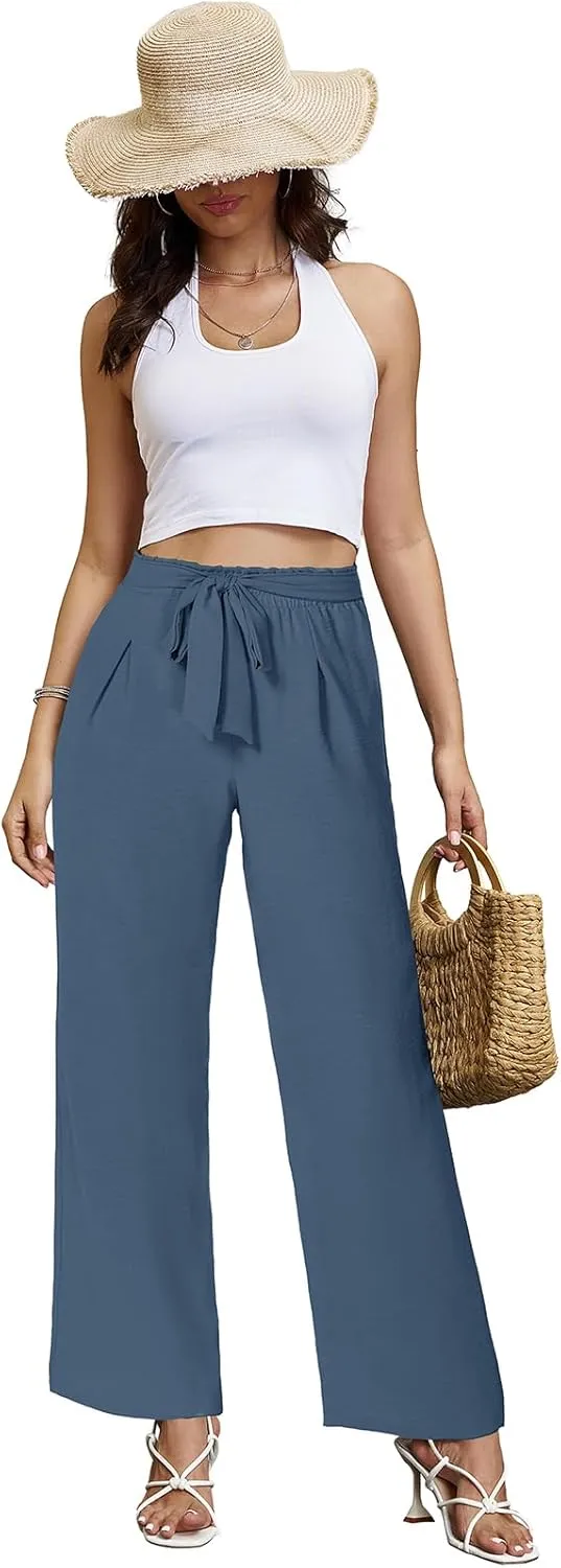 Gracyoga Womens Wide Leg Pants High Waisted Flowy Tie Knot Trousers Business Casual Outfits with Pockets