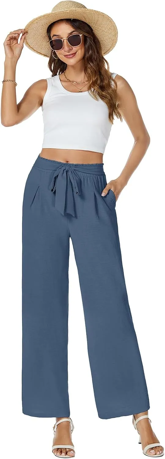 Gracyoga Womens Wide Leg Pants High Waisted Flowy Tie Knot Trousers Business Casual Outfits with Pockets