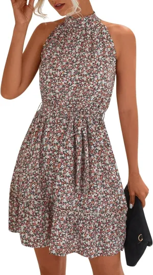 Halter Dress for Women Retro Floral Polka Dot Backless Boho Dresses Sleeveless Self-Tie Belt Swing Ruffle Sun Dress