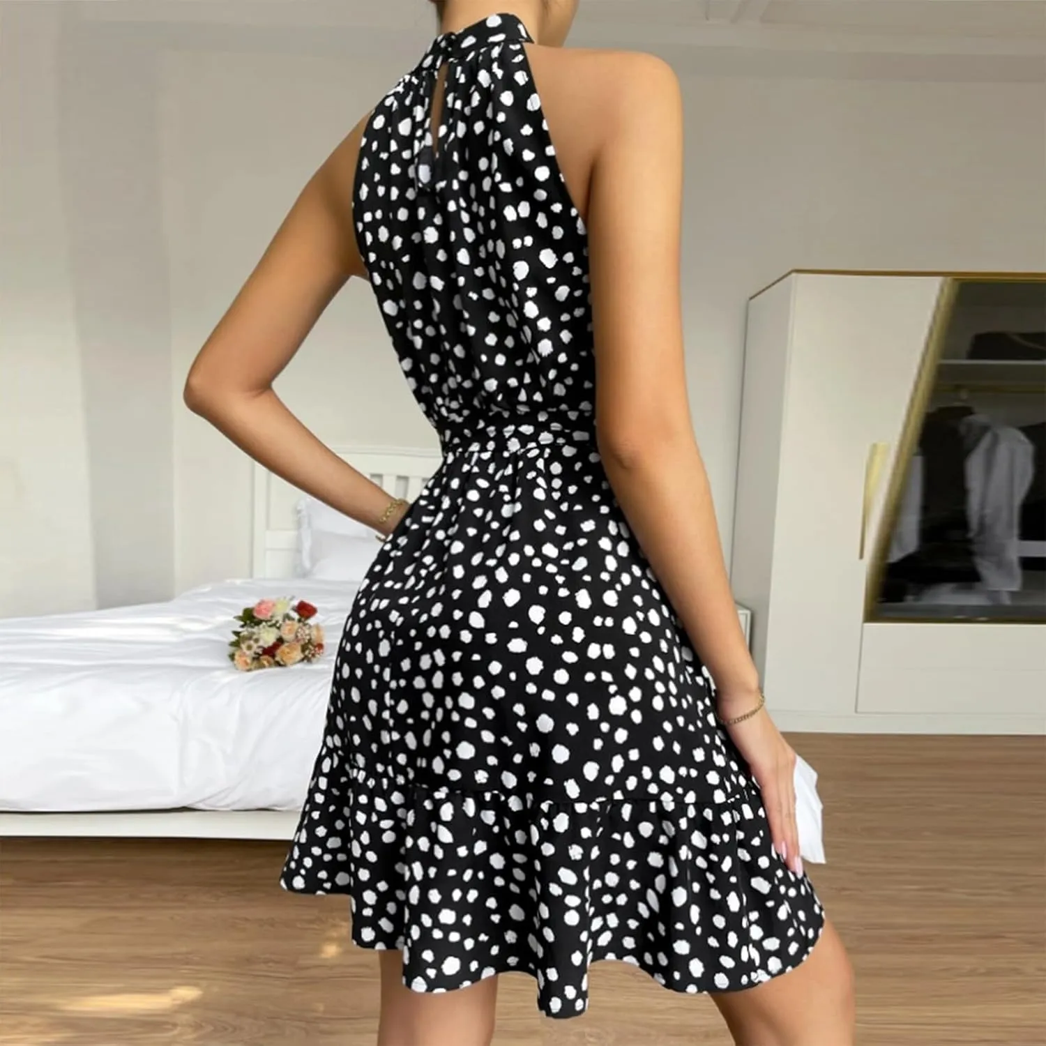 Halter Dress for Women Retro Floral Polka Dot Backless Boho Dresses Sleeveless Self-Tie Belt Swing Ruffle Sun Dress