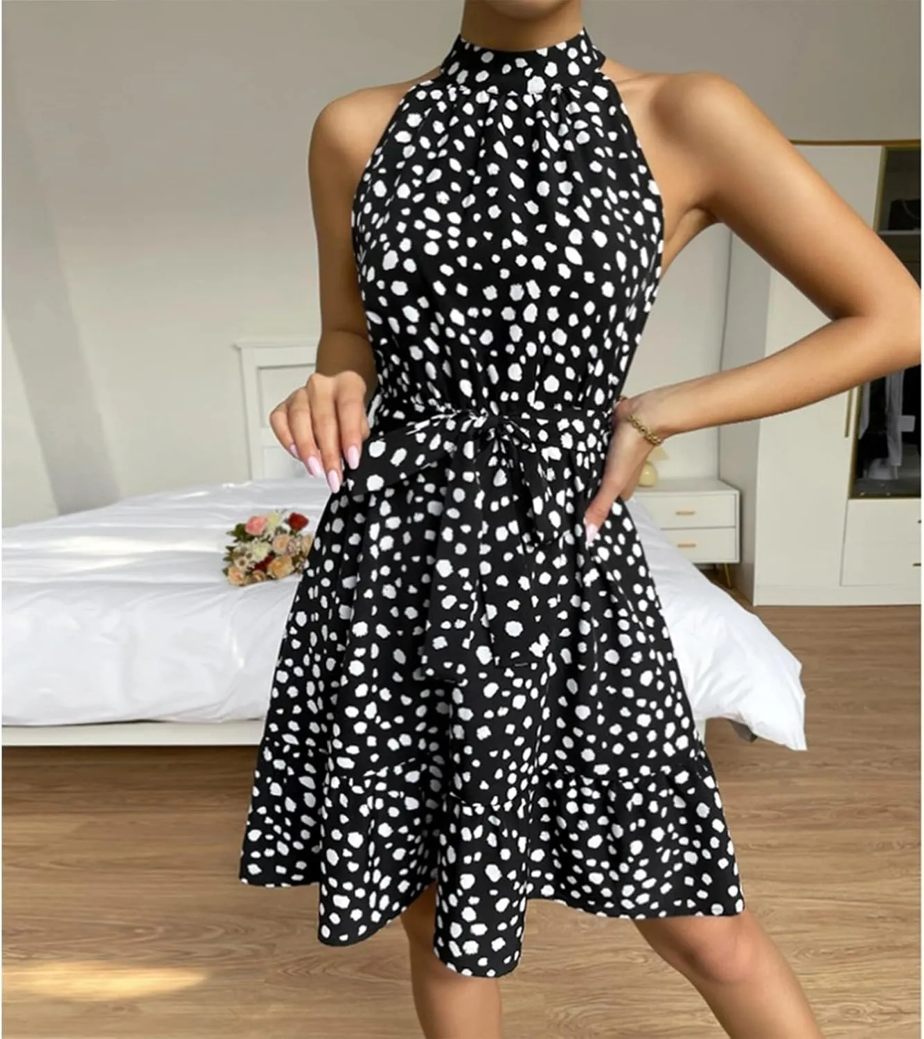 Halter Dress for Women Retro Floral Polka Dot Backless Boho Dresses Sleeveless Self-Tie Belt Swing Ruffle Sun Dress