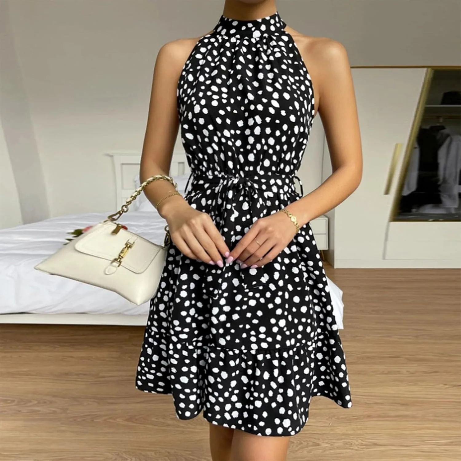 Halter Dress for Women Retro Floral Polka Dot Backless Boho Dresses Sleeveless Self-Tie Belt Swing Ruffle Sun Dress