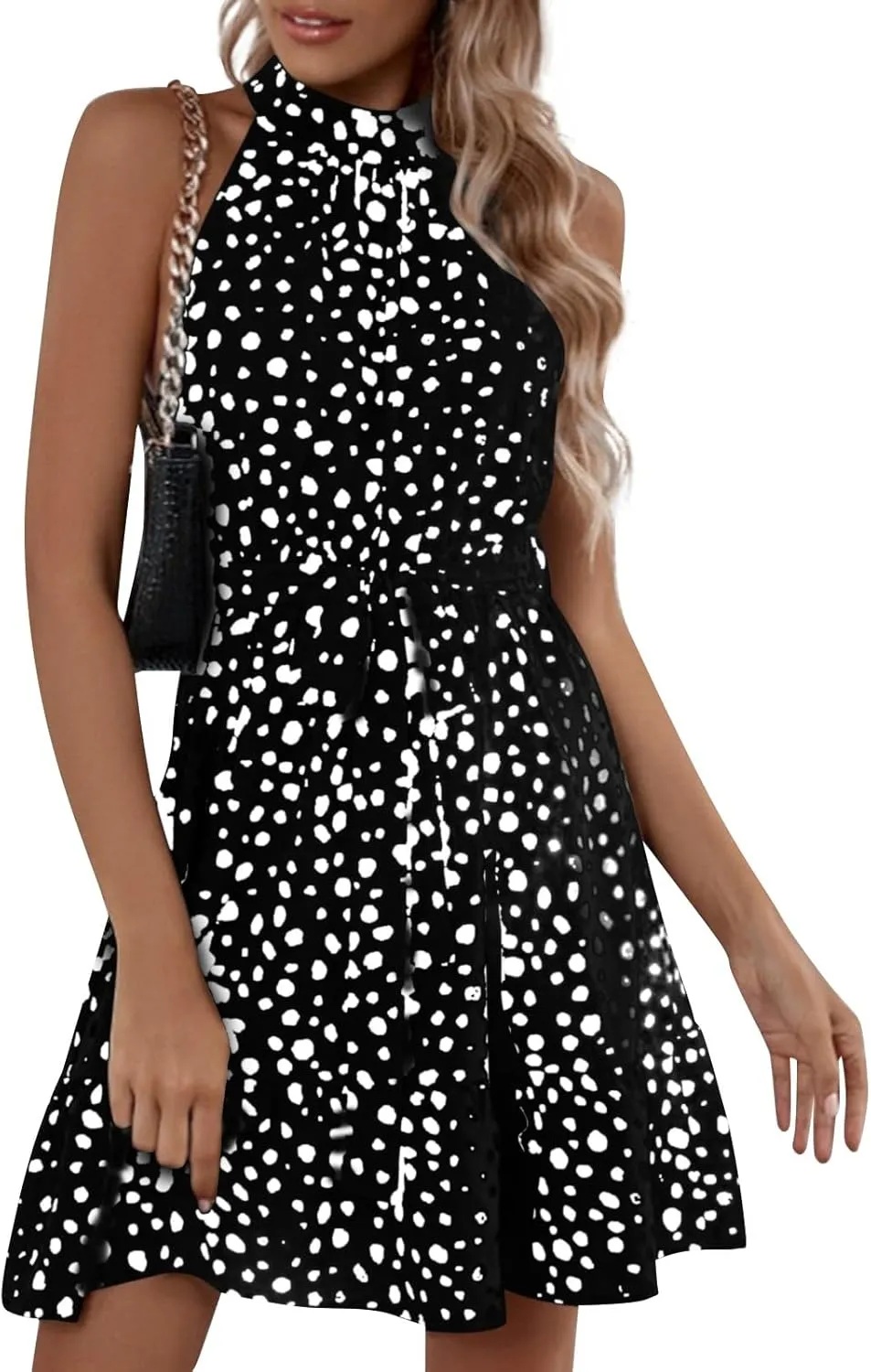 Halter Dress for Women Retro Floral Polka Dot Backless Boho Dresses Sleeveless Self-Tie Belt Swing Ruffle Sun Dress