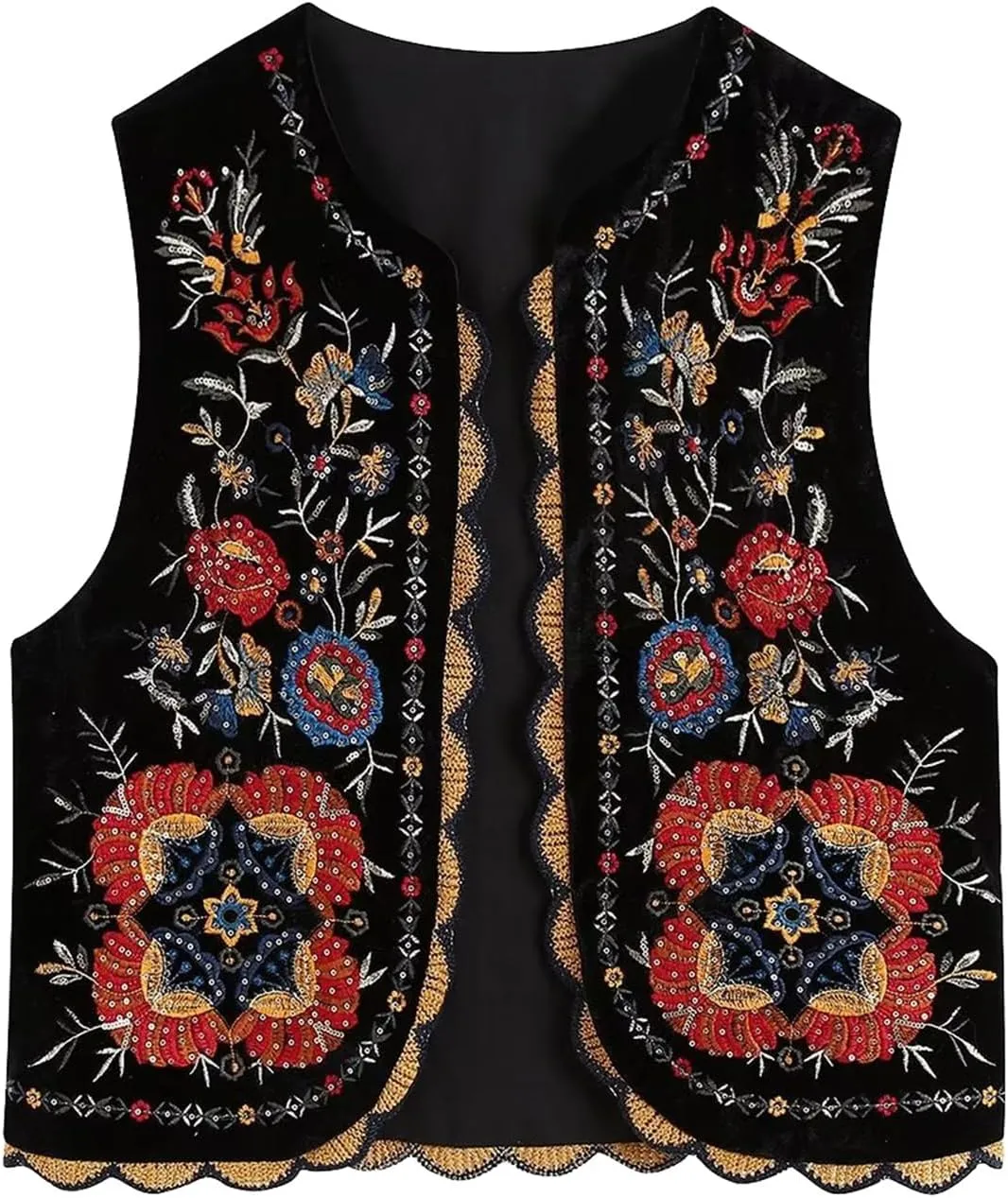 hathne Floral Embroidered Vest for Women Boho Vintage Sleeveless Open Front Cardigan Shirt Waistcoat