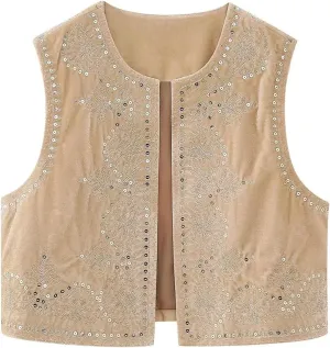 hathne Floral Embroidered Vest for Women Boho Vintage Sleeveless Open Front Cardigan Shirt Waistcoat