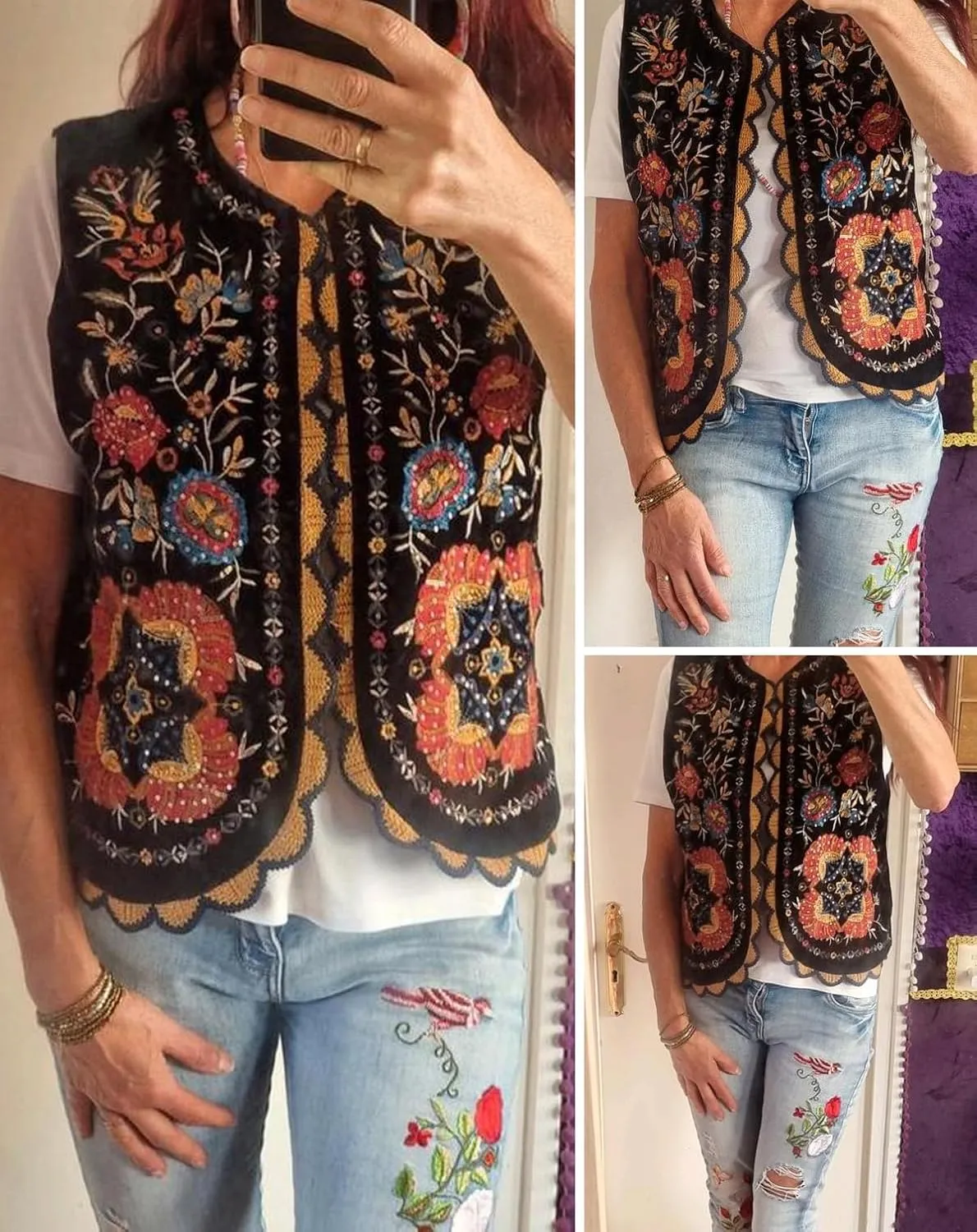 hathne Floral Embroidered Vest for Women Boho Vintage Sleeveless Open Front Cardigan Shirt Waistcoat