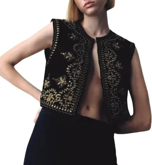 hathne Floral Embroidered Vest for Women Boho Vintage Sleeveless Open Front Cardigan Shirt Waistcoat