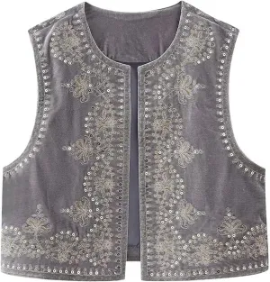 hathne Floral Embroidered Vest for Women Boho Vintage Sleeveless Open Front Cardigan Shirt Waistcoat