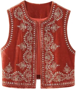 hathne Floral Embroidered Vest for Women Boho Vintage Sleeveless Open Front Cardigan Shirt Waistcoat