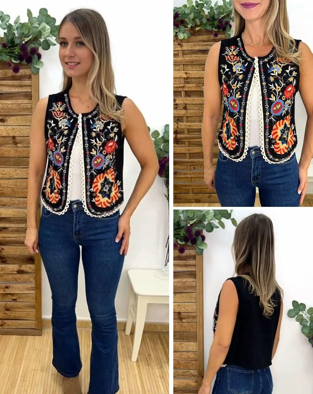 hathne Floral Embroidered Vest for Women Boho Vintage Sleeveless Open Front Cardigan Shirt Waistcoat