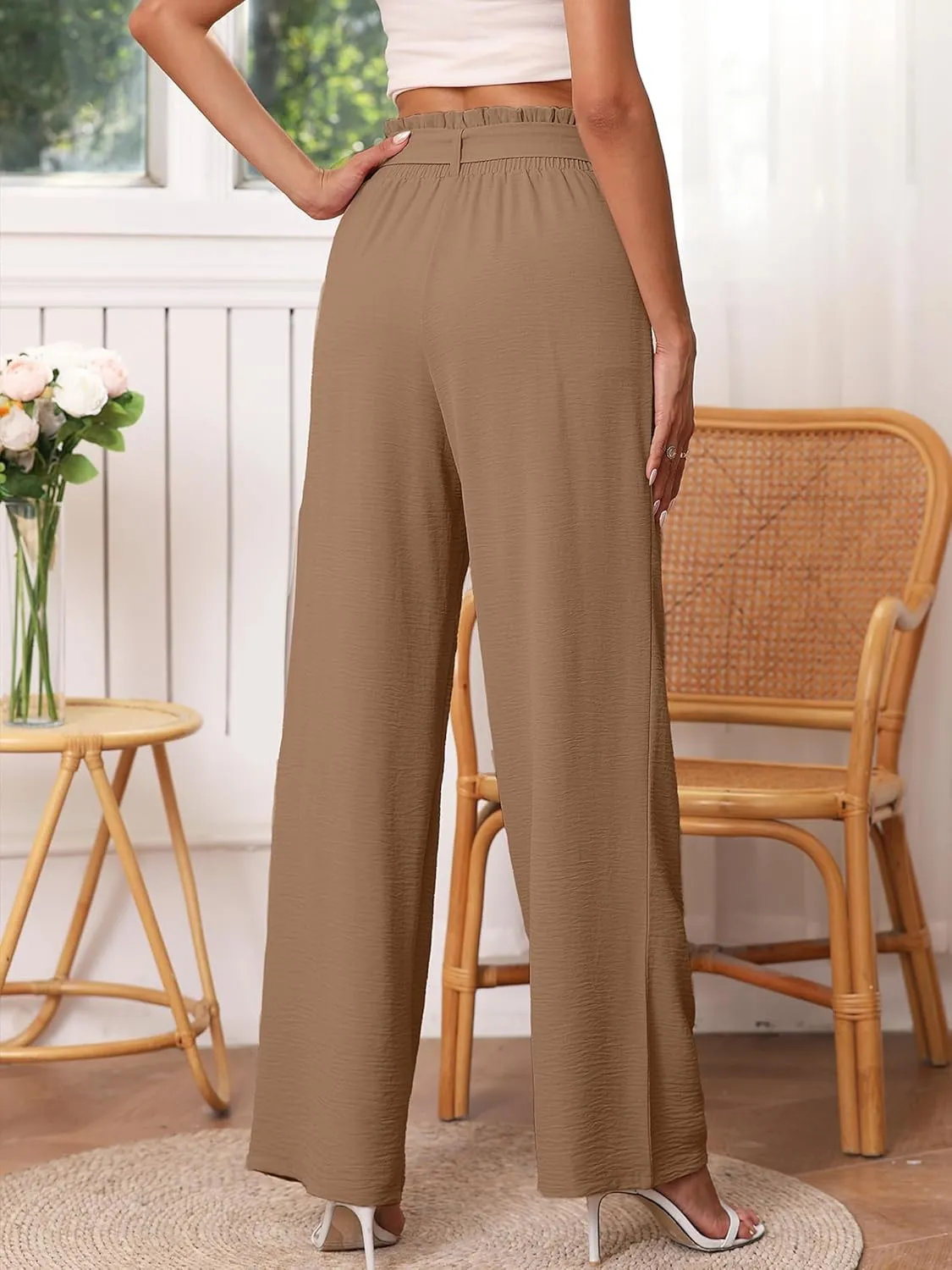 Heymoments Women's Wide Leg Lounge Pants with Pockets Lightweight High Waisted Palazzo Adjustable Tie Knot Flowy Trousers