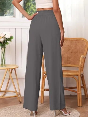 Heymoments Women's Wide Leg Lounge Pants with Pockets Lightweight High Waisted Palazzo Adjustable Tie Knot Flowy Trousers