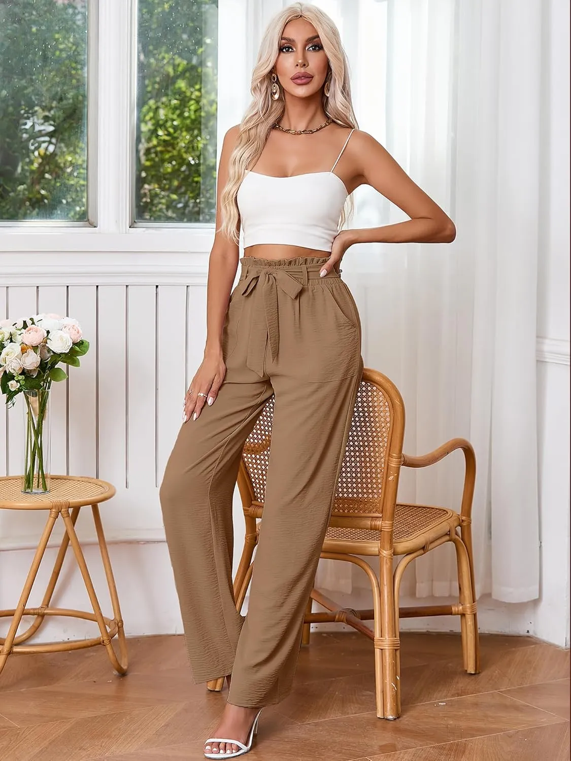 Heymoments Women's Wide Leg Lounge Pants with Pockets Lightweight High Waisted Palazzo Adjustable Tie Knot Flowy Trousers