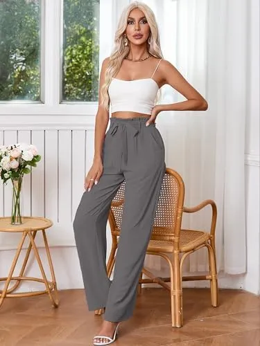 Heymoments Women's Wide Leg Lounge Pants with Pockets Lightweight High Waisted Palazzo Adjustable Tie Knot Flowy Trousers