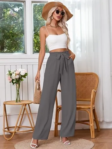 Heymoments Women's Wide Leg Lounge Pants with Pockets Lightweight High Waisted Palazzo Adjustable Tie Knot Flowy Trousers