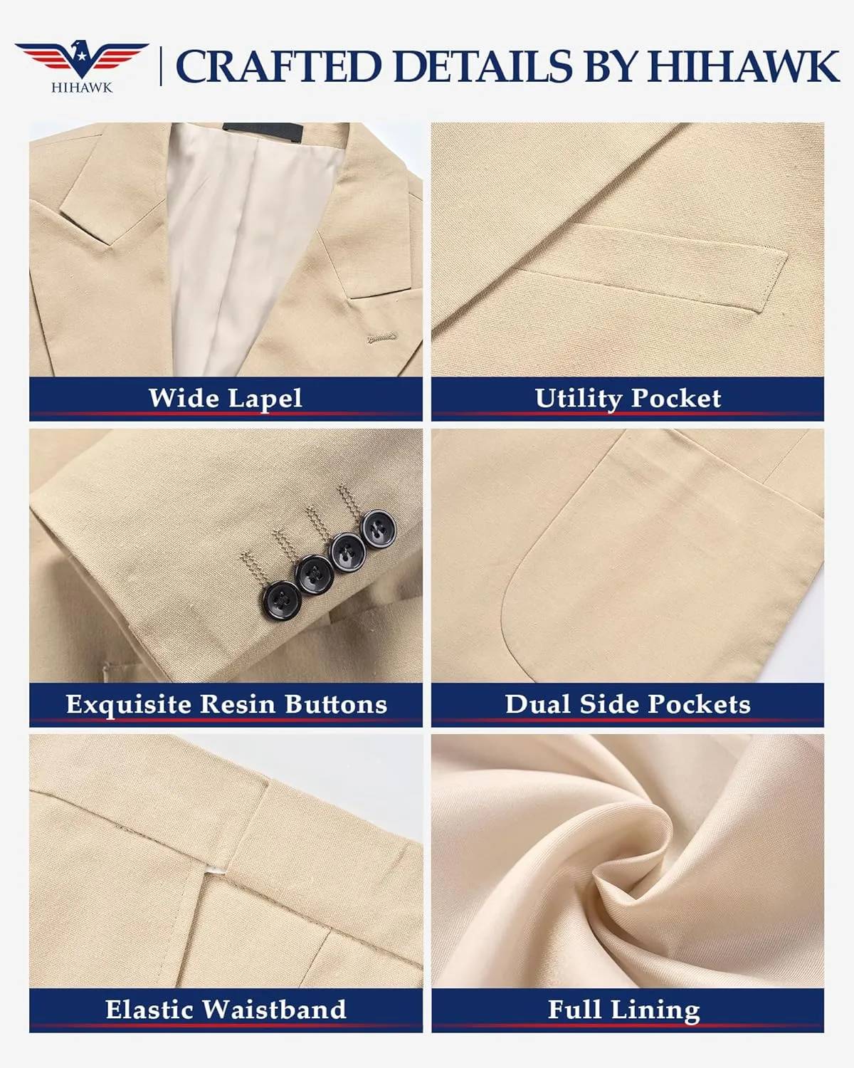 Hihawk Linen Suit for Men, 2 Pieces Casual Blazer and Pants, Summer Beach Wedding Suit Groomsmen Prom Tuxedo